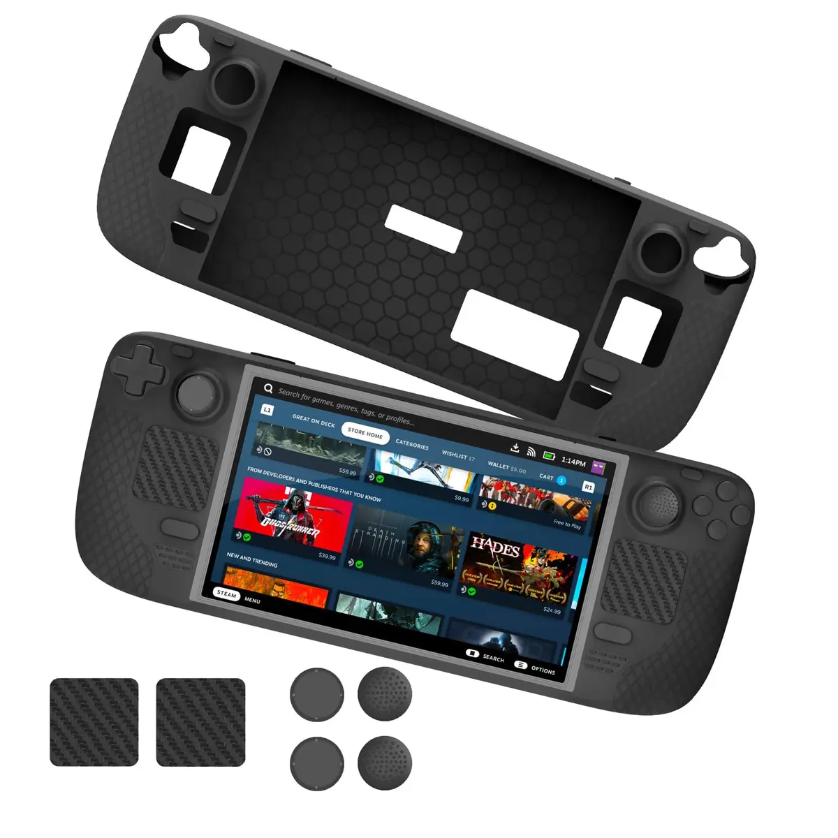 Capa de silicone com tudo incluído para Steam Deck, capa protetora antiderrapante e anti-queda com tampa basculante + conjunto de adesivos para touchpad (preto)