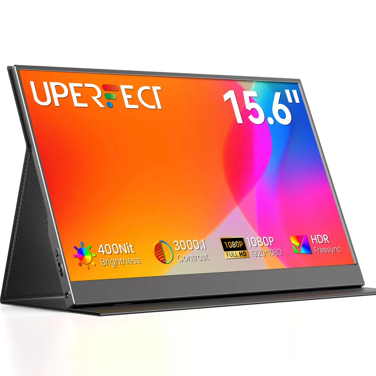 UPERFECT Monitor Portátil, 15,6" IPS HDR 1920X1080 FHD Cuidado com os Olhos Tela de Viagem USB C Monitor Gamer, Dual Speaker Externo HDMI Type-C VESA para Laptop PC Phone com Case