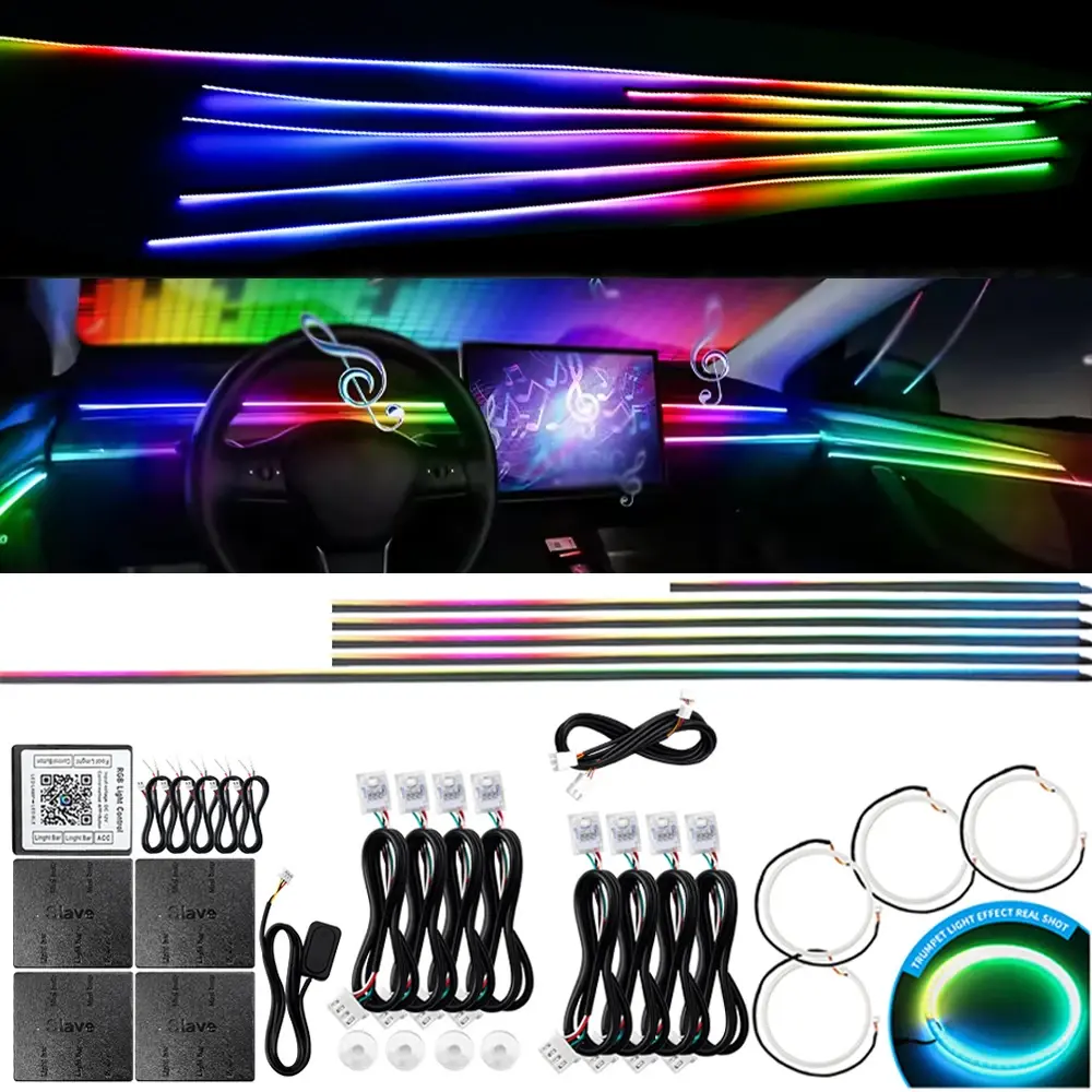 6/10/14/18 em 1 led luzes ambientais do carro rgb 213 64 cores tiras acrílicas sinfonia streamer atmosfera interior lâmpada controle por aplicativo - 1