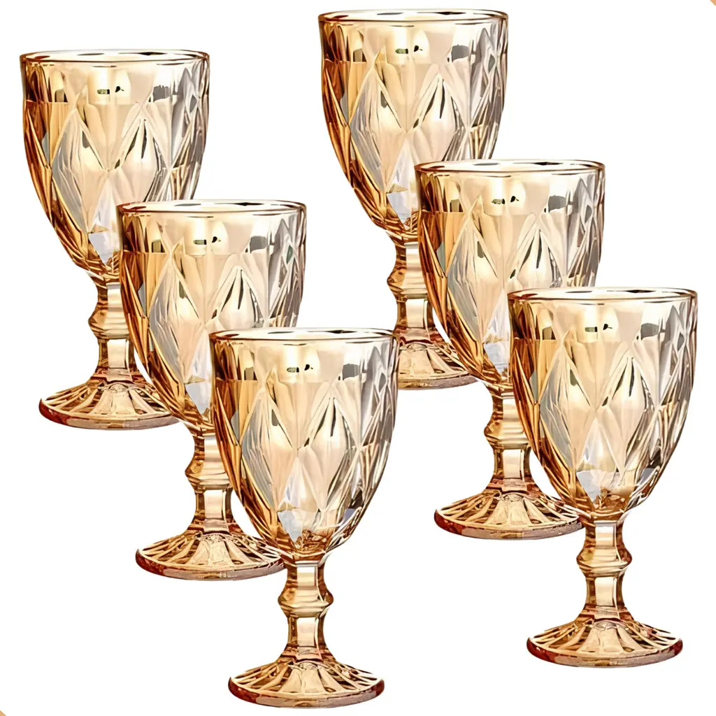 Jogo 6 Taças Diamond Bico De Jaca Dourado Azul Verde Furta cor Fume Água Vinho 330ml - 1
