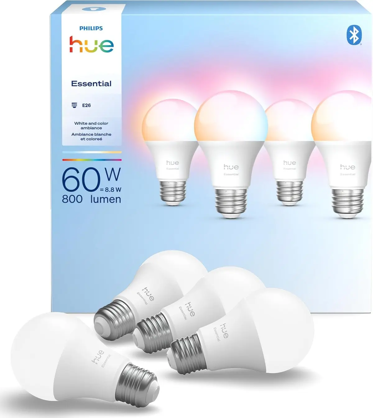 Philips Hue Lâmpada Essential Smart LED A19, branca e cor ambiente, base E26, 8,8W, 2200K-6500K, 800 lúmens, regulável, funciona com Alexa, Google Assistant e Apple Home, pacote com 4