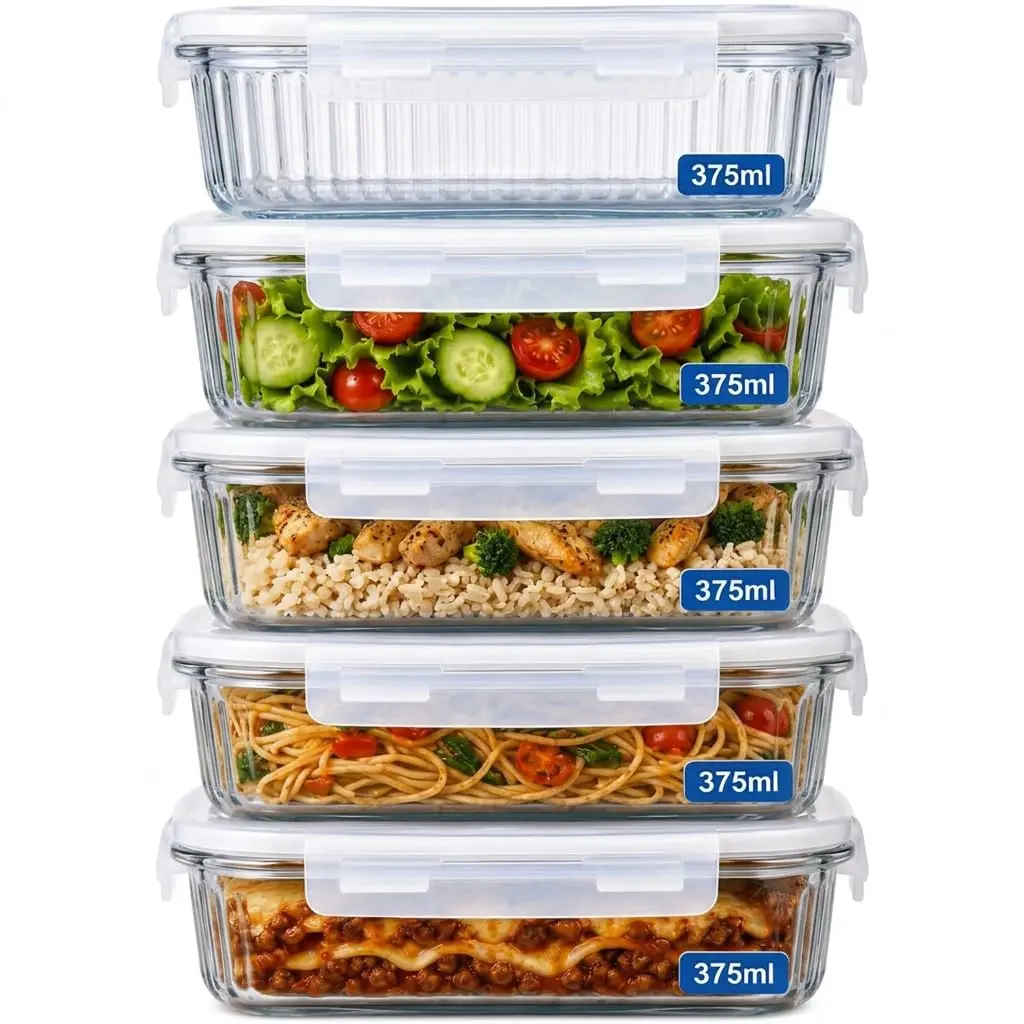 Kit 5 Potes de Vidro Herméticos 375ml – Tampa com Trava, Vedação Airtight, Ideal para Marmitas, Porta Mantimentos, Alimentos e Organização, Acabamento Premium - 1