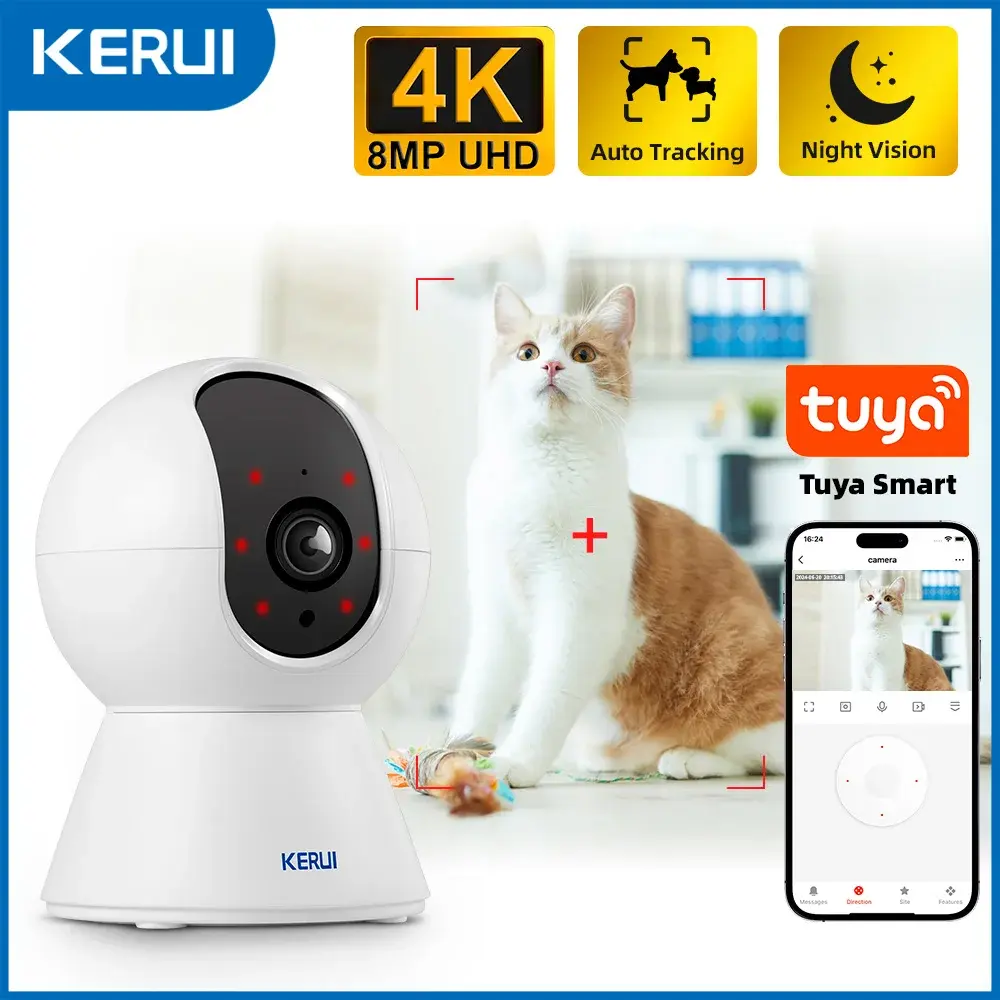 Kerui wifi ip animais de estimação câmera de segurança em casa cão gatos câmera tuya inteligente 4k 8mp hd vídeo visão noturna vigilância ai alertas mini cam - 1