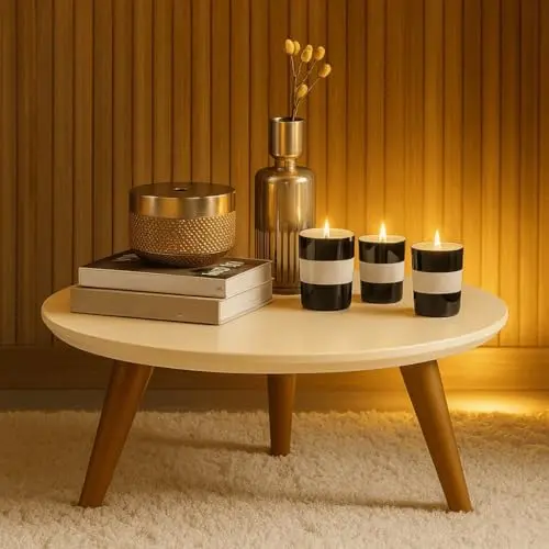 Mesa de Centro Redonda Baixa com Tampo MDF(Off-White) | Tampo em MDF, pés em PVC rígido e cerca de 45 cm de diâmetro para apoio próximo ao sofá