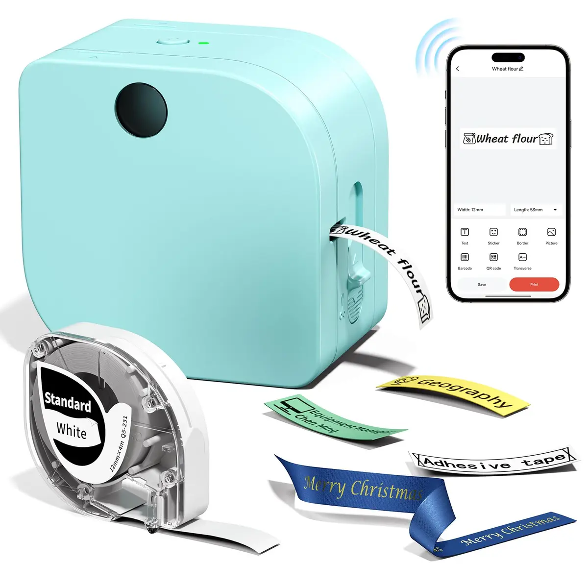 Phomemo Máquina de fazer etiquetas com fita, mini máquina de impressão de fita de transferência térmica Bluetooth P12 com modelos de máquina de escrever para casa, escola, roupas, embrulho de presente