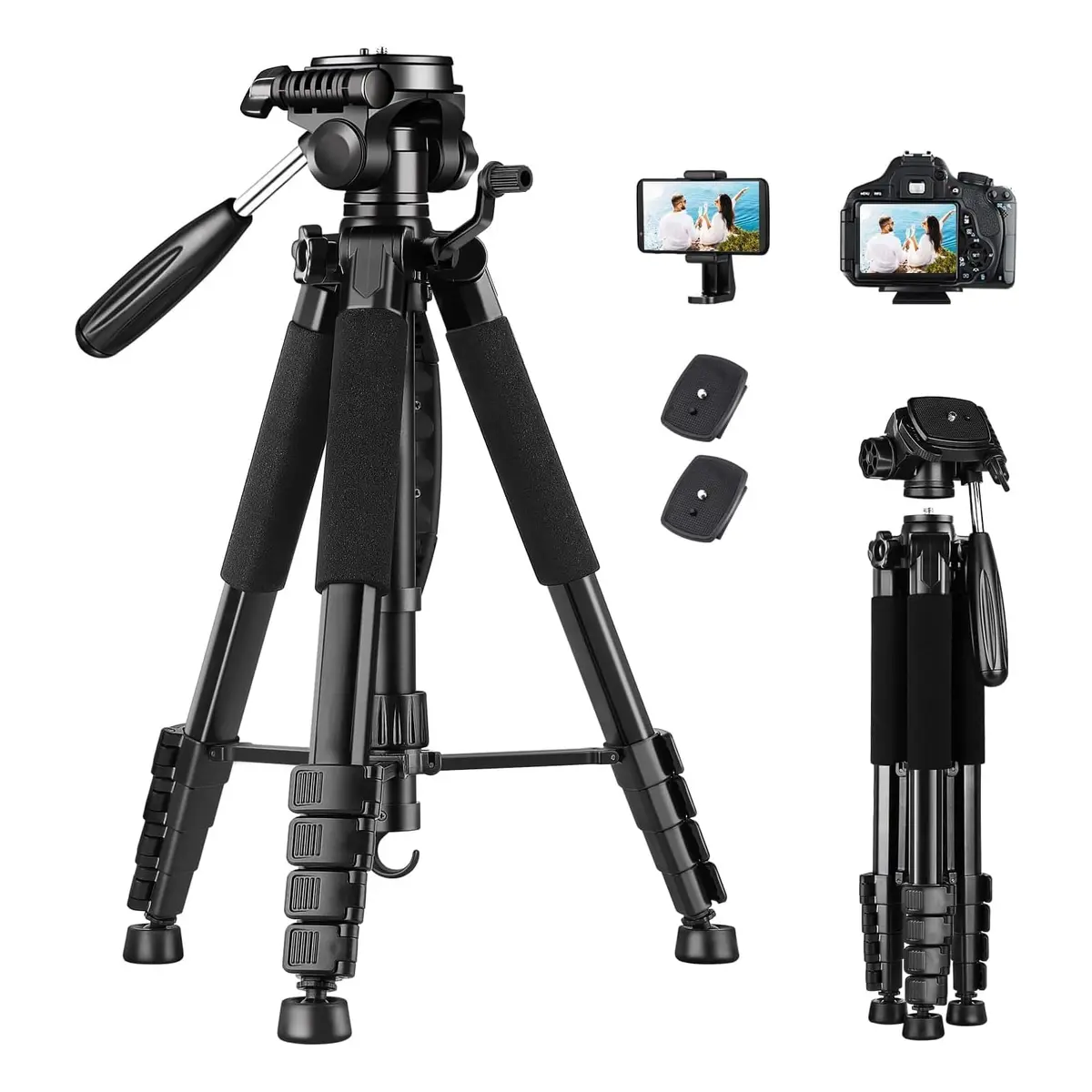 Tripé para câmera, tripé para câmera e celular, tripé de alumínio resistente adequado para Canon e Nikon, com estojo de transporte e suporte para celular,Capacidade de peso: 3-6,8 kg (preto e dourado)