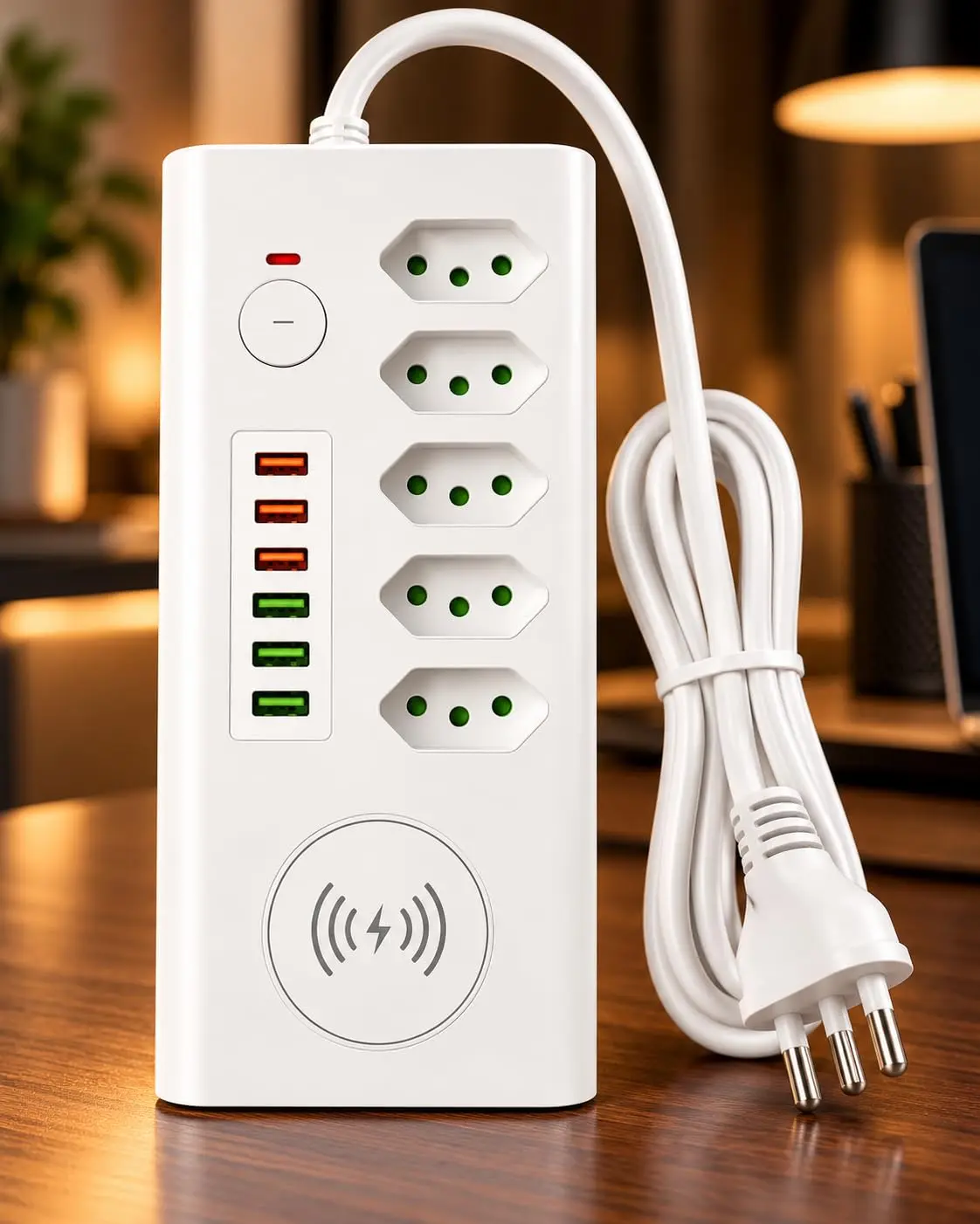 Extensão Elétrica com 5 Tomadas, 3 Portas USB, 3 Portas USB-C, Carregamento por Indução Wireless, Botão Liga/Desliga, Cabo Integrado e Design Moderno para Casa, Escritório e Home Office