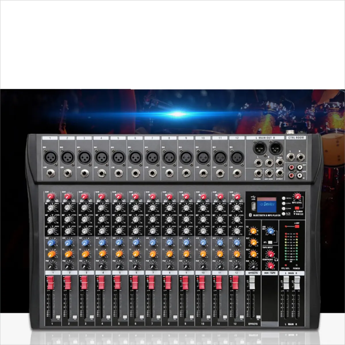 VEDO Mesa de som 12 canal, Small Stage Bluetooth USB MP3, entrada 48V Phantom Power DJ Karaoke Mobile Live High Power Mixer Professional 12 Channel Studio Audio Mixer 110V/220V 12 canais - 1