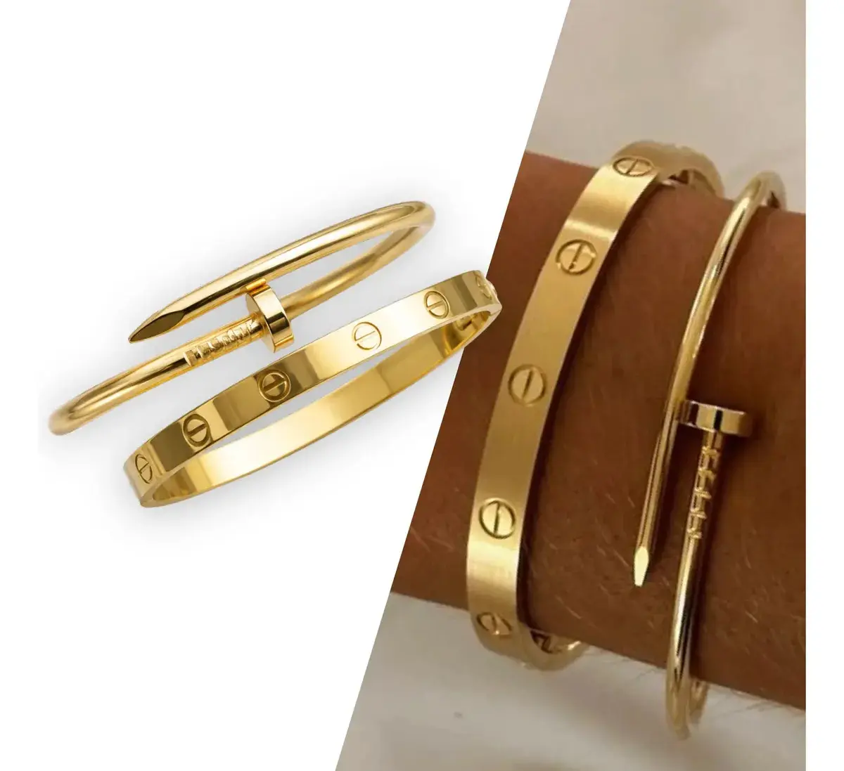Kit 2 Pulseiras Bracelete Feminino Trevo Prego Love Aço Inox Dourado 18 Cm - 1