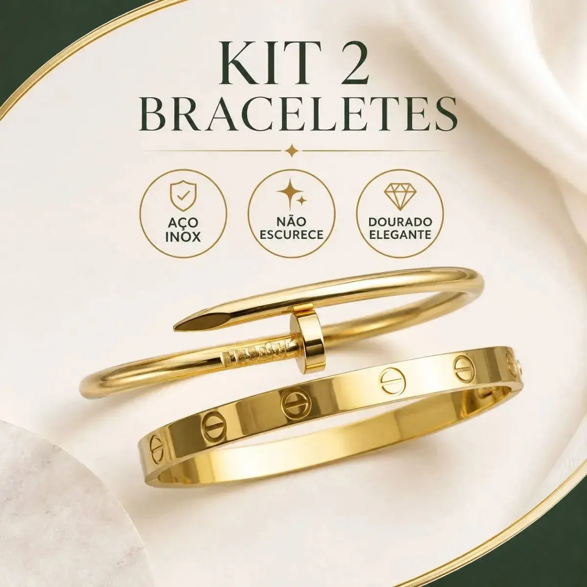 Kit 2 Pulseiras Bracelete Feminino Trevo Prego Love Aço Inox Dourado 18 Cm thumbnail 2