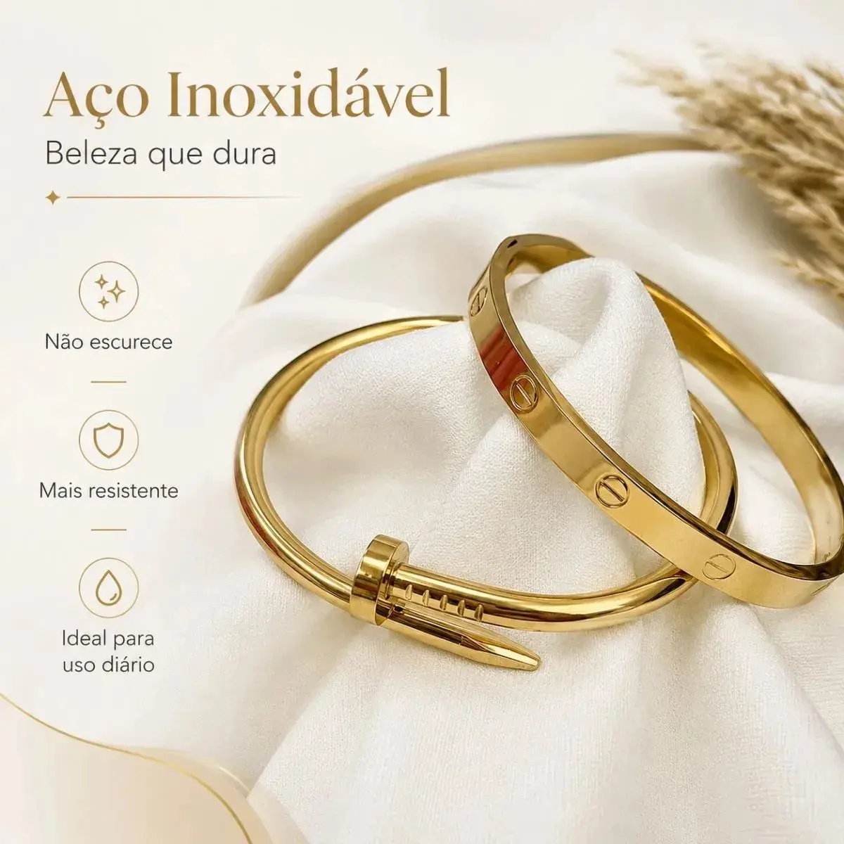 Kit 2 Pulseiras Bracelete Feminino Trevo Prego Love Aço Inox Dourado 18 Cm thumbnail 3