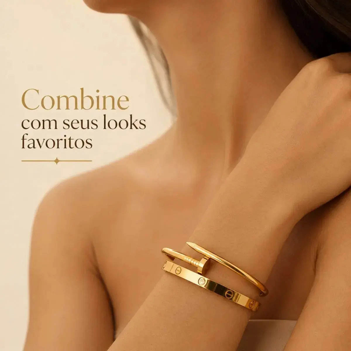 Kit 2 Pulseiras Bracelete Feminino Trevo Prego Love Aço Inox Dourado 18 Cm thumbnail 4