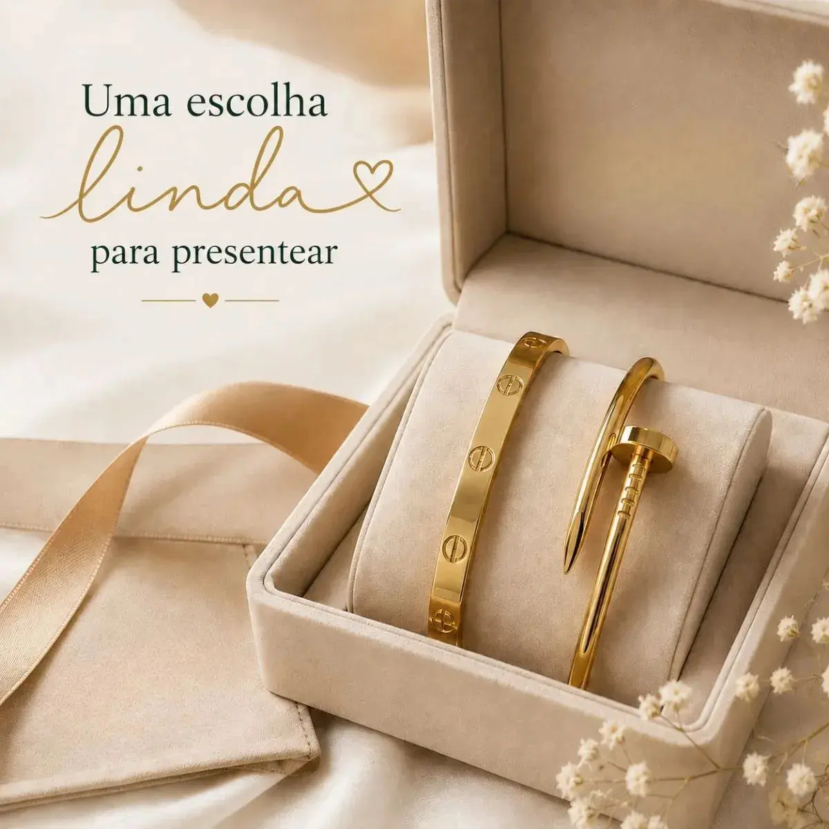 Kit 2 Pulseiras Bracelete Feminino Trevo Prego Love Aço Inox Dourado 18 Cm thumbnail 6