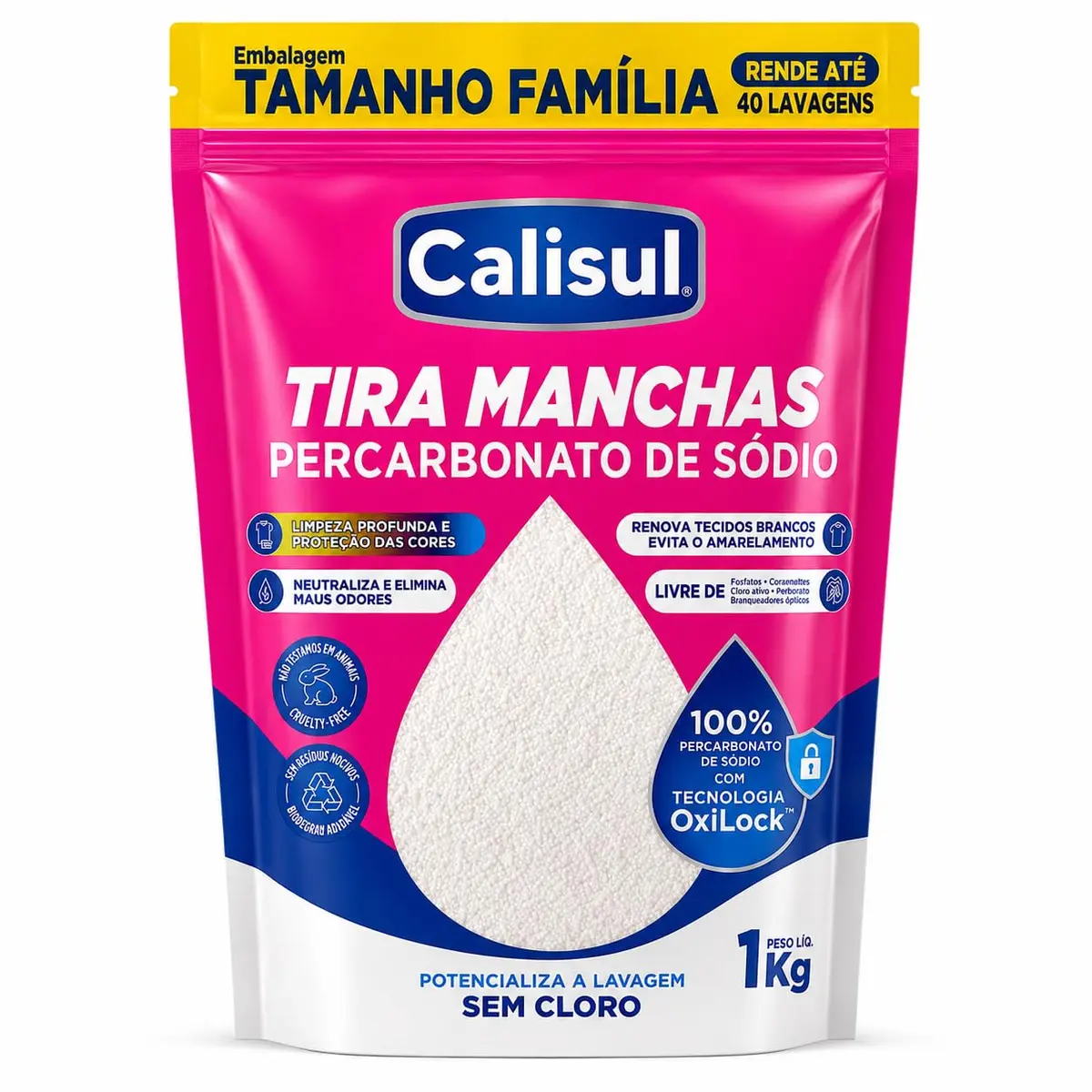 Percarbonato de Sódio 1kg 100% Puro Tira Manchas em Pó Sem Cloro, Biodegradável e Seguro para Roupas Brancas, Coloridas e Limpeza Doméstica Calisul