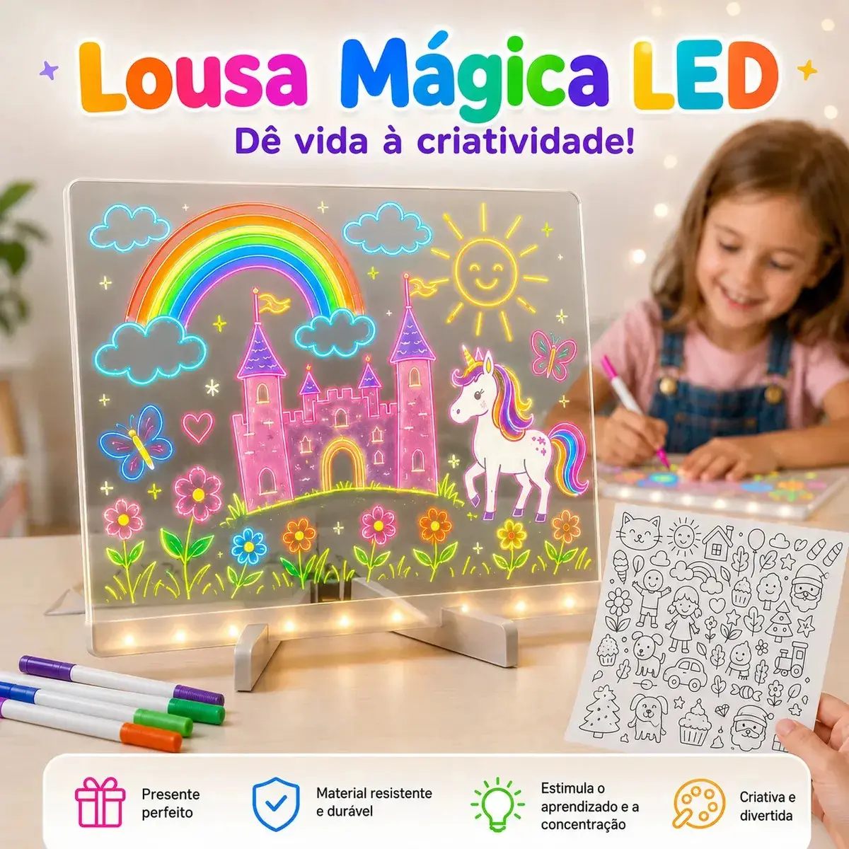 Lousa Magica Led 3d Neon Colorir Ilustração Infantil Led