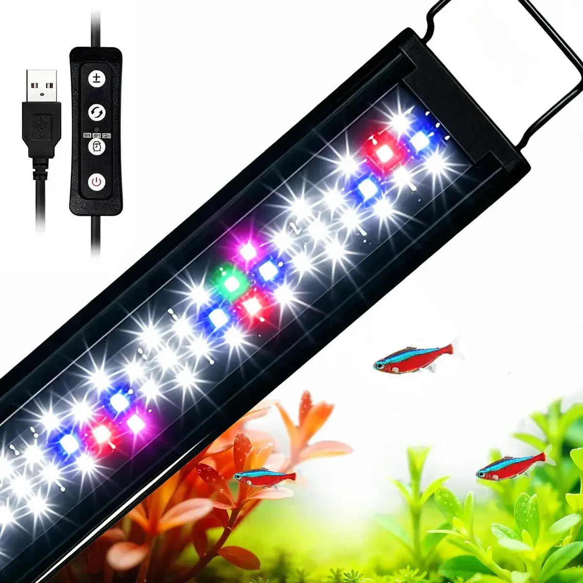 Luminária LED Aquário Plantado Newpet 35-55cm 53 LEDs Espectro Total Timer Memória 10 Níveis Brilho USB (Requer 5V/2A) Suporte Extensível