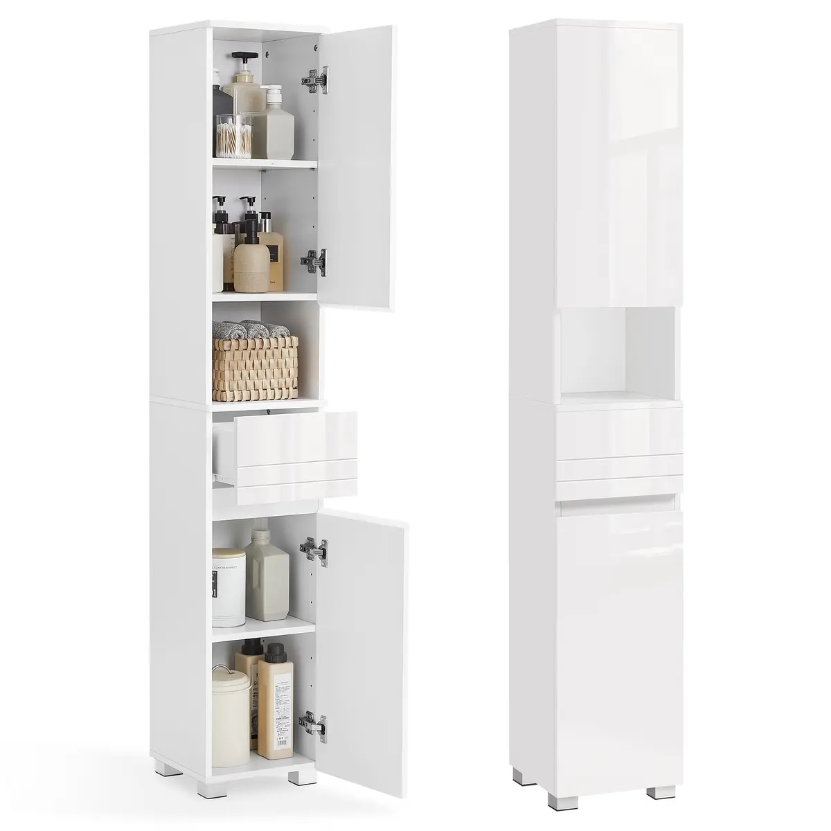 VASAGLE Armário Alto para Banheiro, Armário Estreito de Armazenamento, Armário Compacto, Unidade de Armazenamento para Banheiro, com Gaveta, Prateleiras Ajustáveis, 30 x 30 x 170 cm, Branco BBC560P31