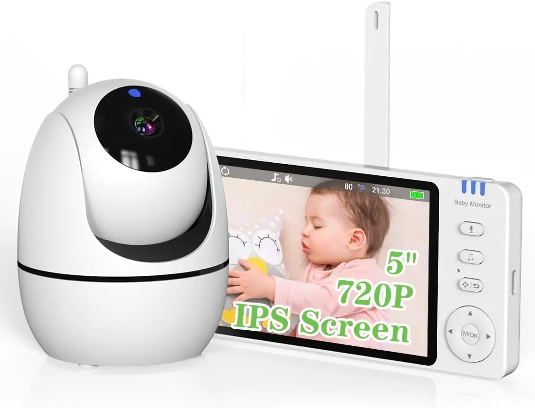 Babá Eletrônica com Tela, 5" 1080p HD Monitor de Bebê com Câmera, baby monitor Sem Wifi, Visão Noturna, Comunicação Bidirecional, Sensor de Temperatura, Panorâmica Inclinação, 110/220v - 1