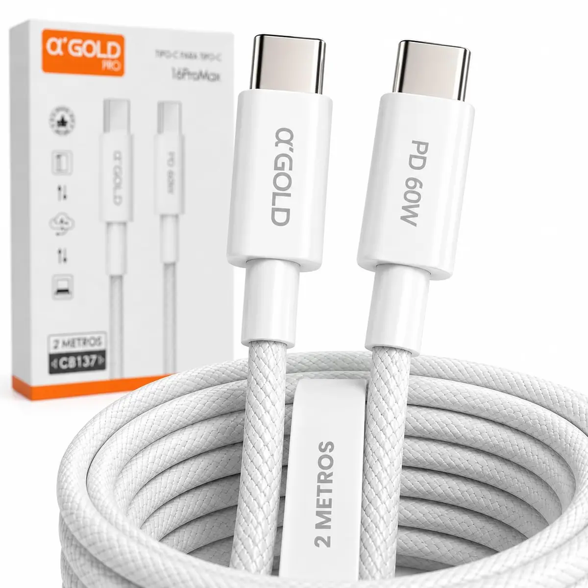Cabo USB-C Tipo C 2 Metros 60W Carregamento Rápido Turbo PD, USB-C para USB-C Nylon Trançado Reforçado, Carga e Dados, iPhone 15/16, Samsung, Xiaomi, Motorola, iPad e Notebook - 1