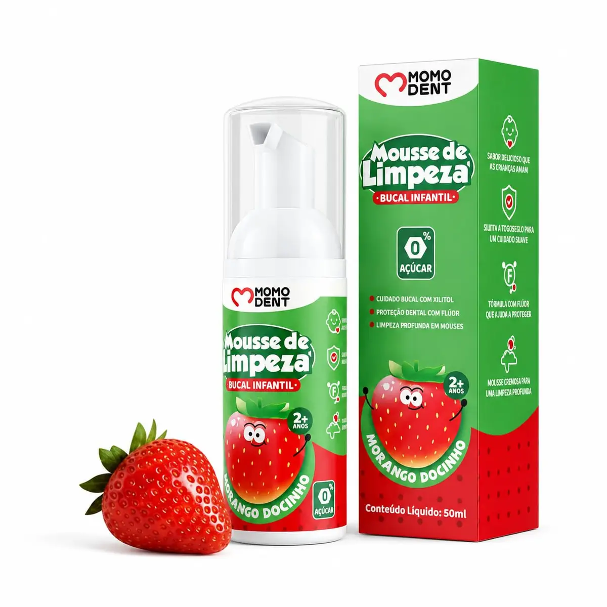 MOMODENT Espuma Dental Infantil 50 ml, com Flúor + Xilitol, para 2+ Anos | 3 Sabores Deliciosos, 0% Sacarose, Espuma Delicada Para Uma Limpeza Suave, Ideal Para a Escovação Diária