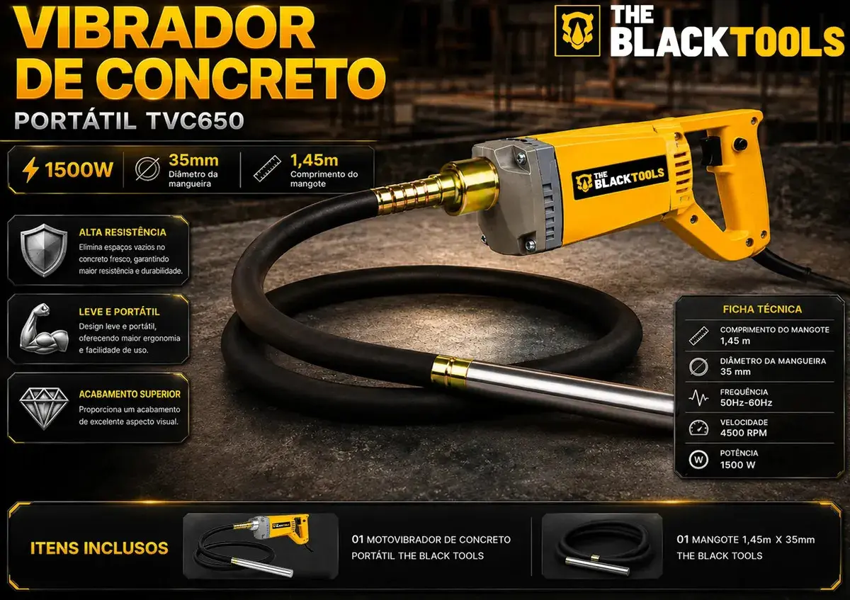 Kit Vibrador Concreto 1500w Com Mangote Mangueira 1,45mx35mm 127v Tvc650 The Black Tools thumbnail 3