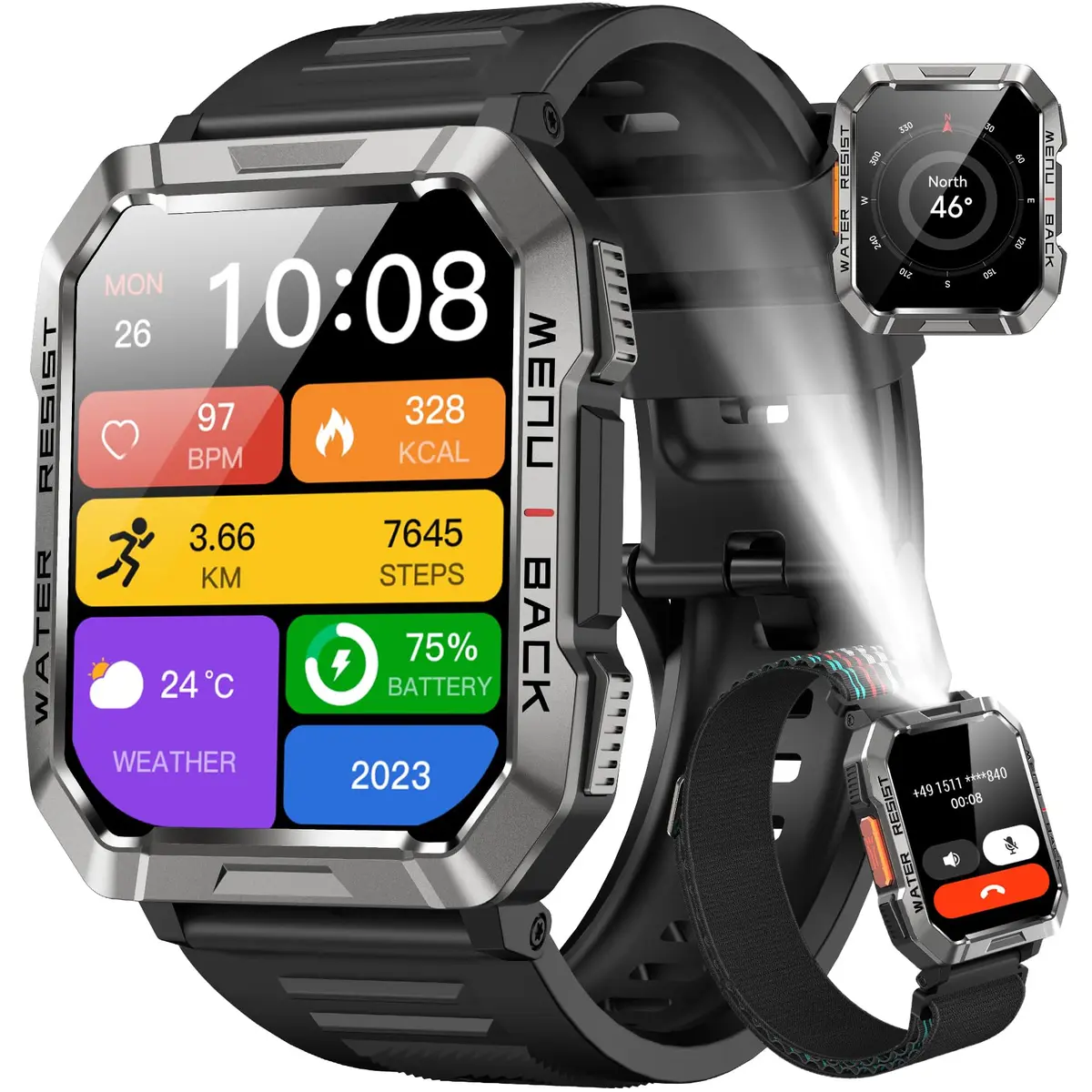 Blackview Relógio Inteligente Smartwatch Militar,Até 100 Dias, Tela Full HD 2.01", Lanterna LED, Bússola, 120+ Modos Esportivos, Chamadas Bluetooth, IP68 à Prova D'Água, Compatível iOS/Android