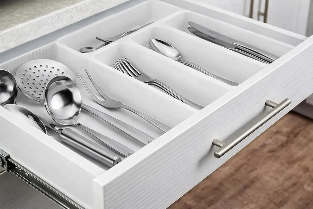 Organizador de Gaveta Ajustável Universal - Até 47cm de Largura - Para Utensílios, Talheres, e Acessórios de Cozinha - Customizável e Prático (Cor Branco) - 1