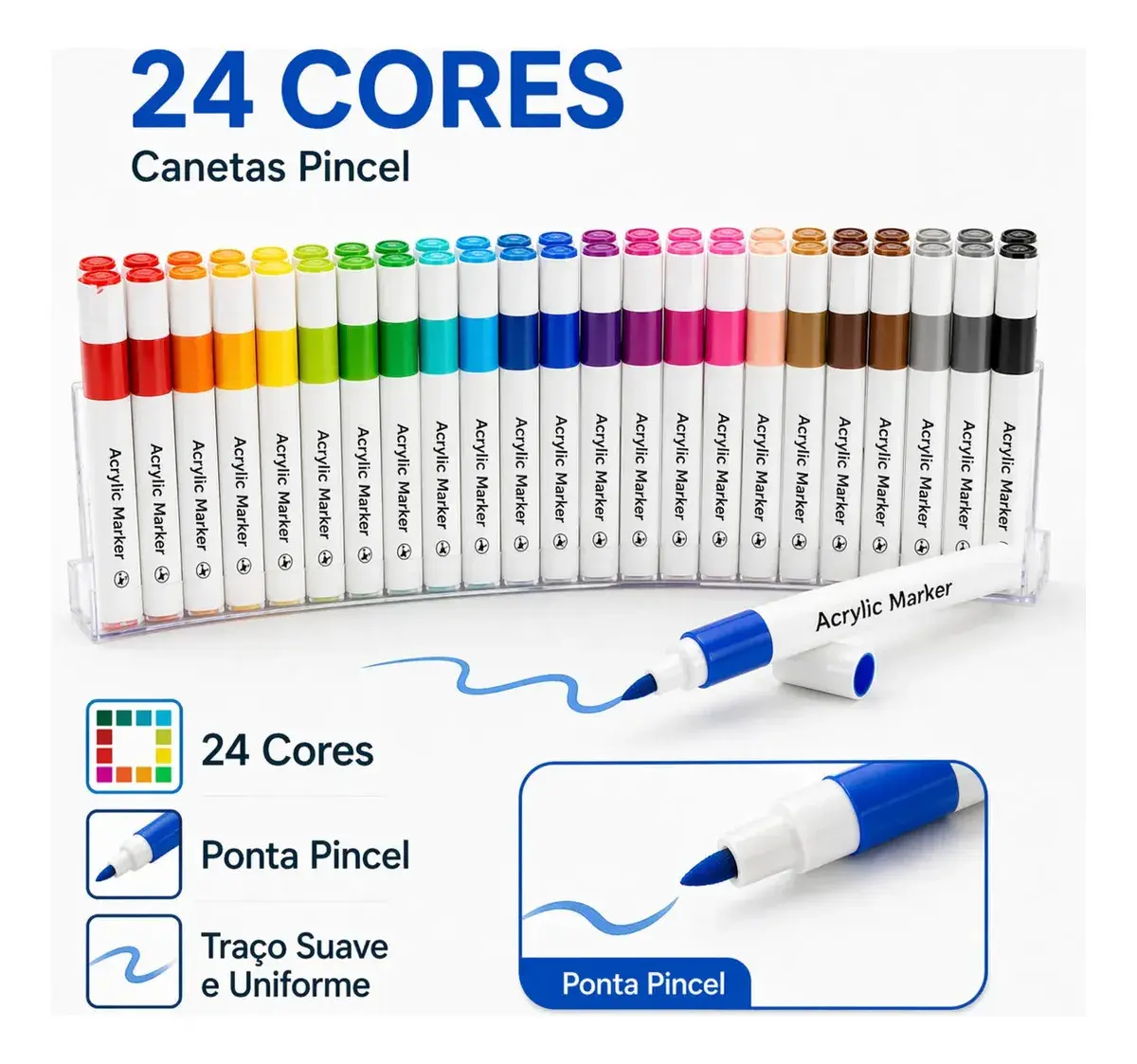 Caneta Marcadora Acrílica 24 Cores Canetinha Ponta Pincel Profissional Para Desenho Pintura Colorir Artesanato Madeira Vidro Plástico Metal Resina Scrapbook Marca Texto Estojo