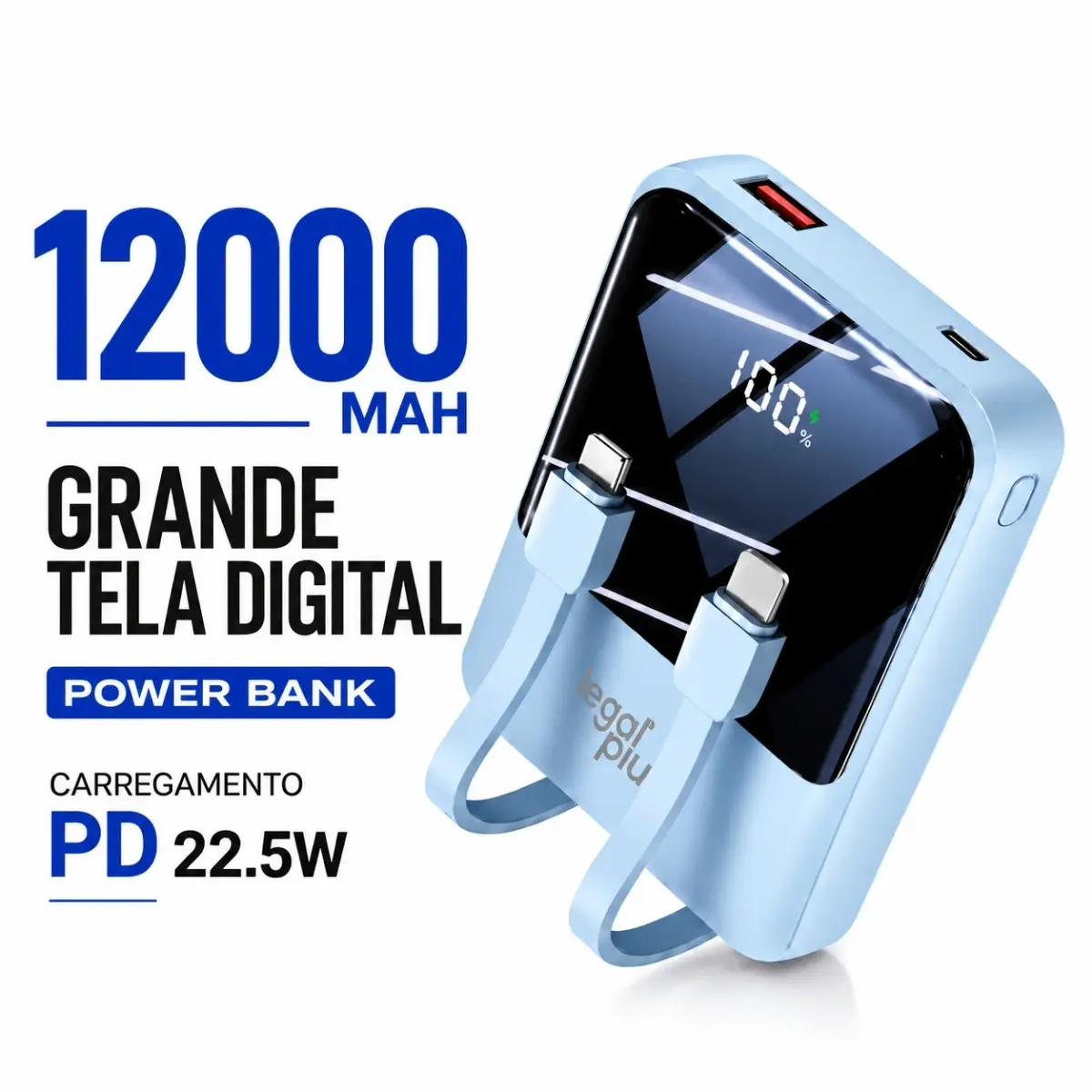 Power Bank 12000mAh Com 2 Cabos Integrados Display Digital Carga Rápida PD 22.5W Bateria Portátil Leve