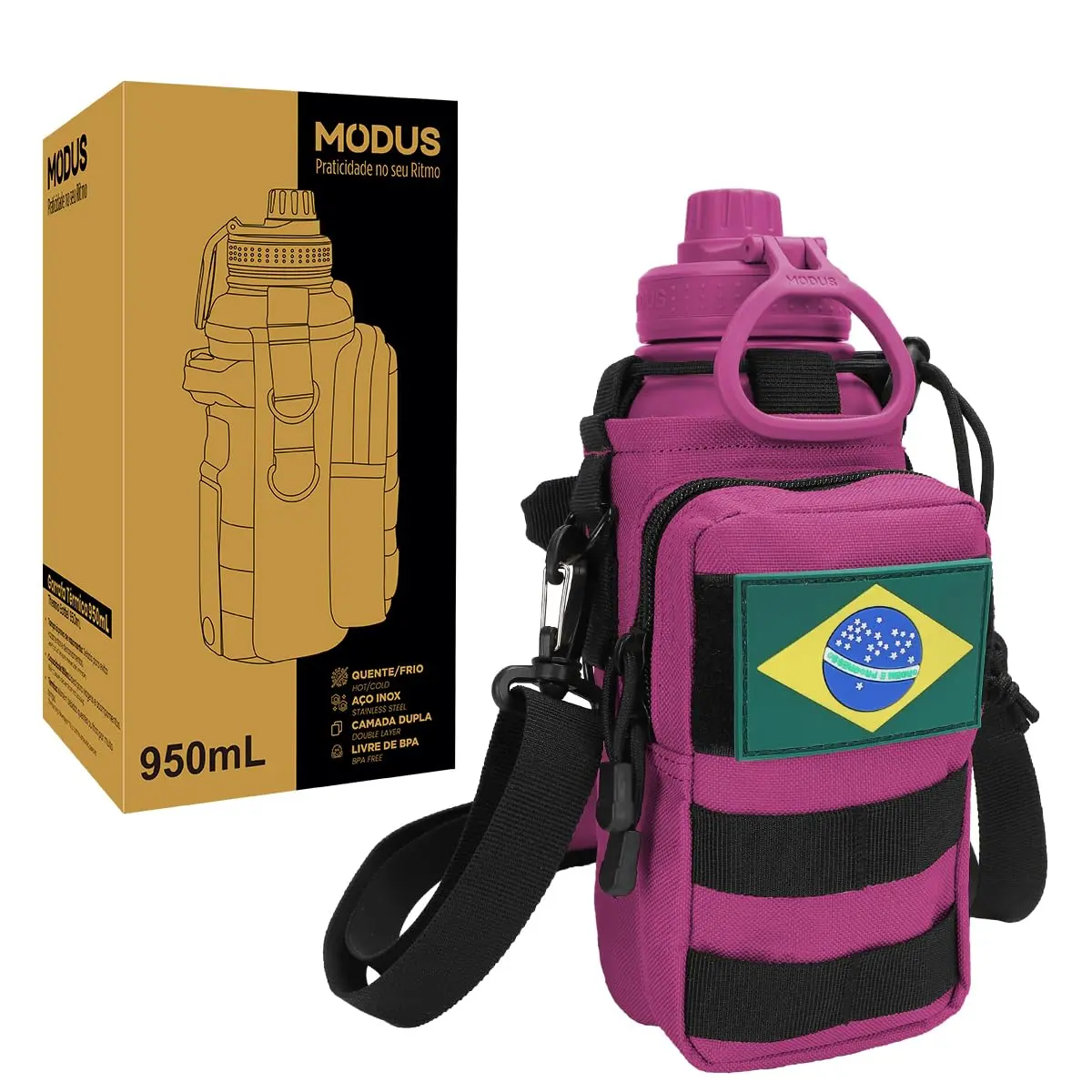 Garrafa Térmica de Aço Inoxidável 950ml Isolamento a Vácuo com Bolsa | Rosa Choque
