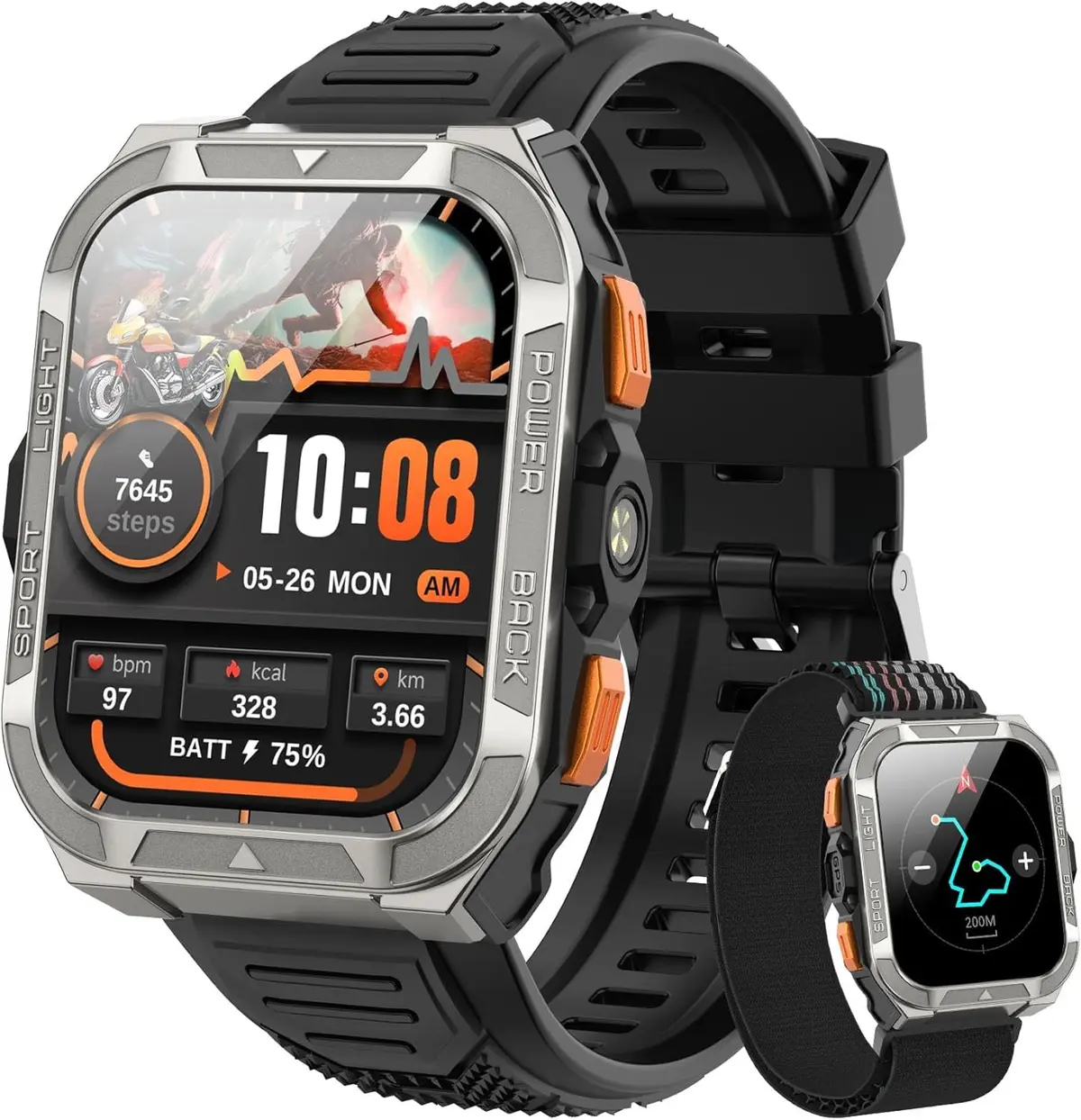 IOWODO Relógio Smartwatch Masculino com GPS Integrado 1.91" - Bússola, Lanterna LED, Chamadas Bluetooth, 100+ Modos Esportivos, Bateria 10 Dias, IP67 - iPhone/Android - 1