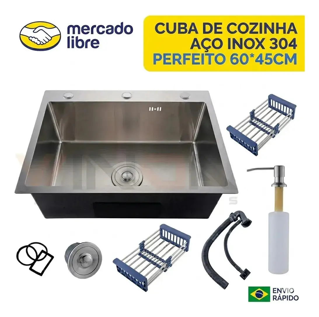 Cuba De Cozinha Inox Prata Aço Inoxidável Escovado 60x45x21cm Completa Winda