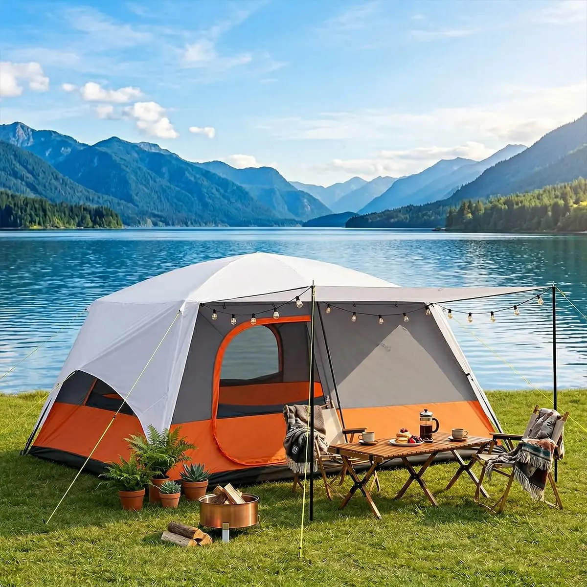 Joyfox Barraca de Camping Familiar Gigante 420x305x200cm, Capacidade 8-12 Pessoas, 2 Quartos com Divisória, Impermeável 150D Oxford, Laranja e Branco