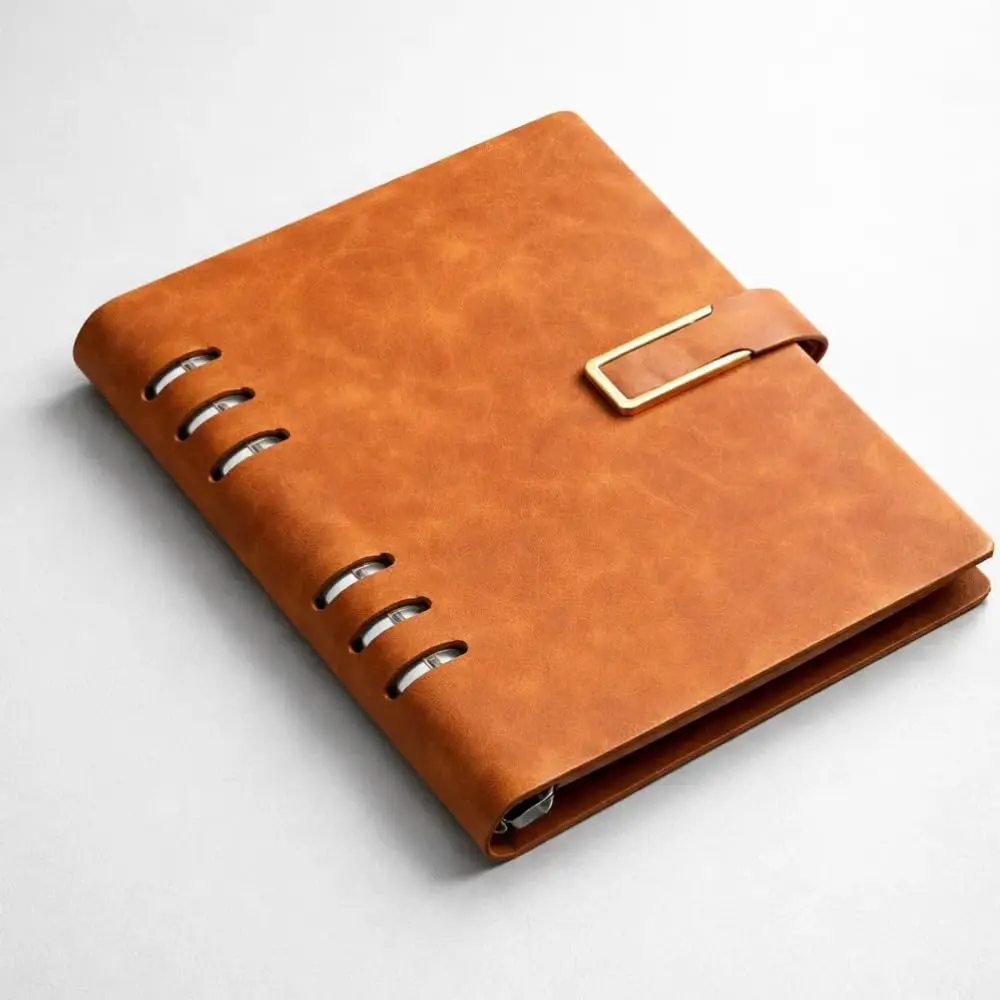 Fichário A5 Couro Com Pauta 100 Folhas 6 Argolas Caderno Imã 14x21 Pautado (marrom)