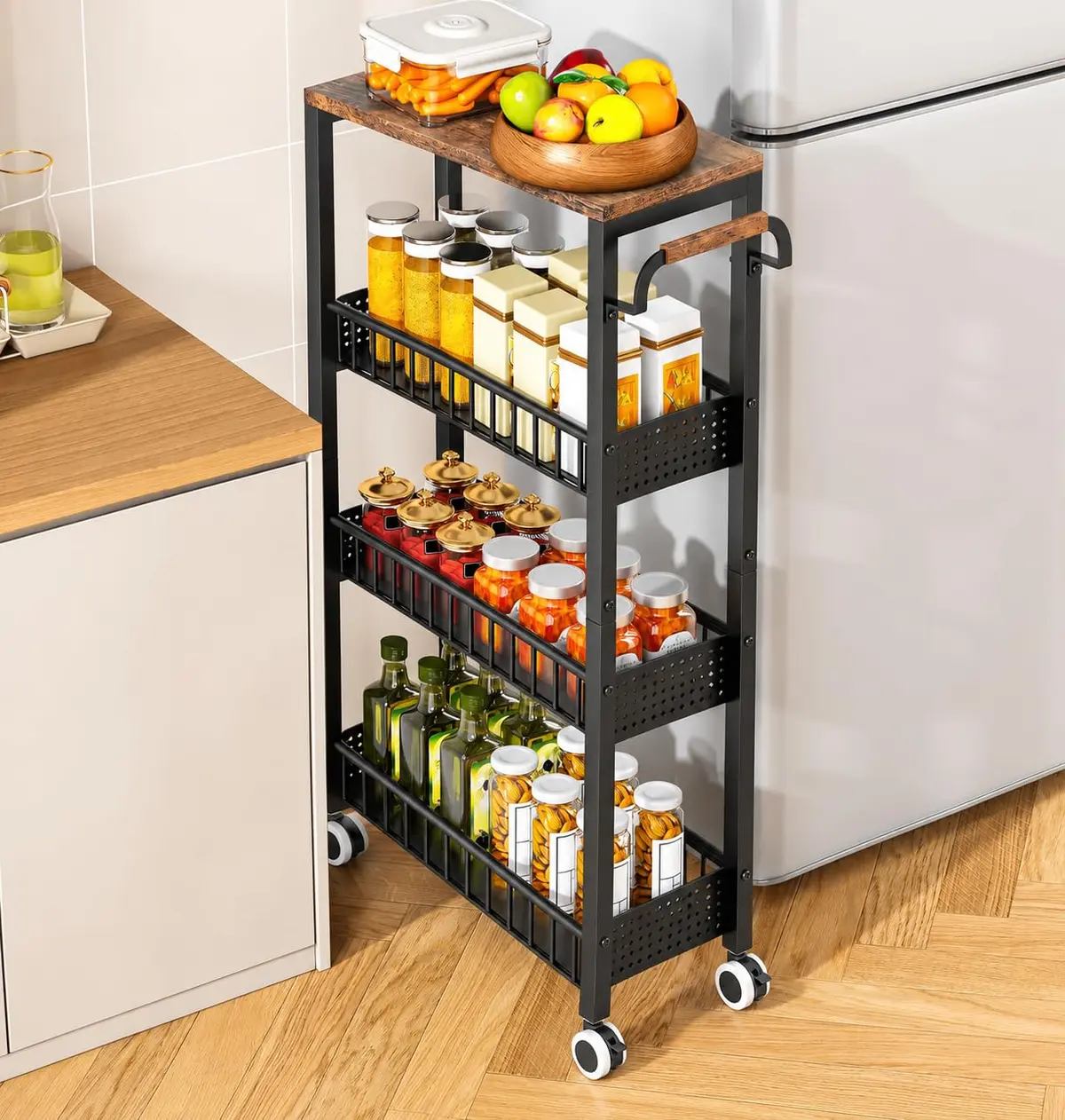 Carrinho de Armazenamento com Rodinhas, Carrinho Organizador Metal para Frutas e Vegetais com Cesto Removível, Suporte para Carrinho de Cozinha, Banheiro e Sala de Estar com Rodas (86.5 * 40 * 20CM)