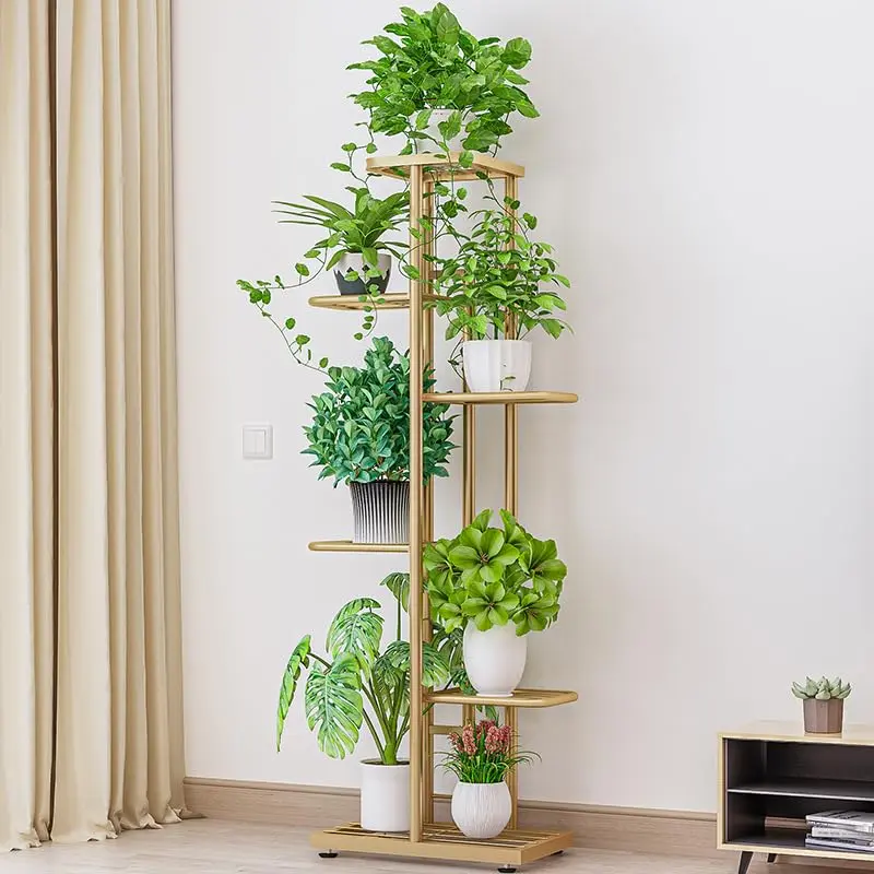 Suporte para plantas em metal com 6 níveis e 7 vasos, prateleira para vários vasos de flores, expositor para vasos, Aplicável a pátio, jardim, canto, varanda, sala de estar (dourado)