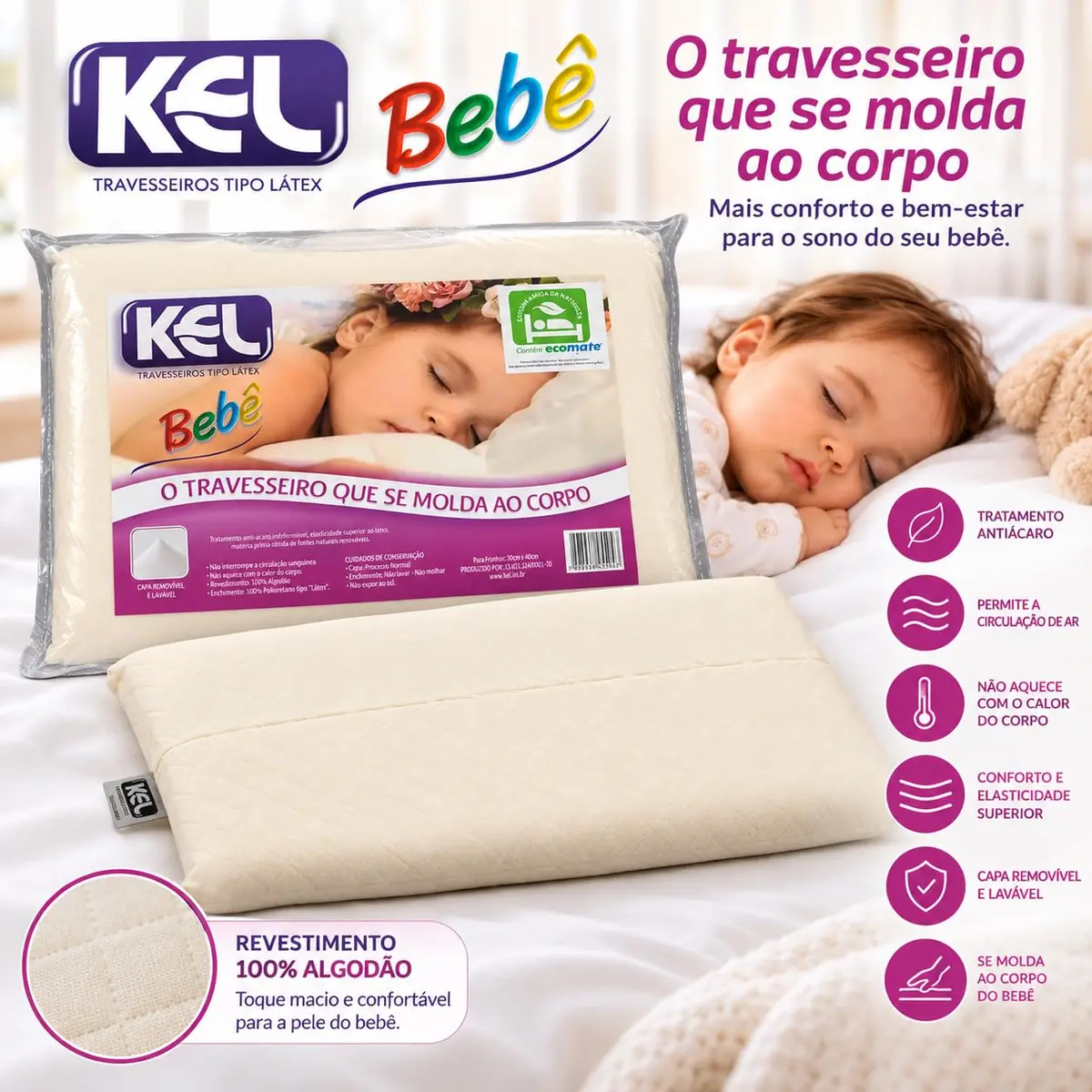 Travesseiro de Látex de PU para Bebê Kel | Fronha 30x40 cm, Capa 100% Algodão com Zíper, Antiácaro