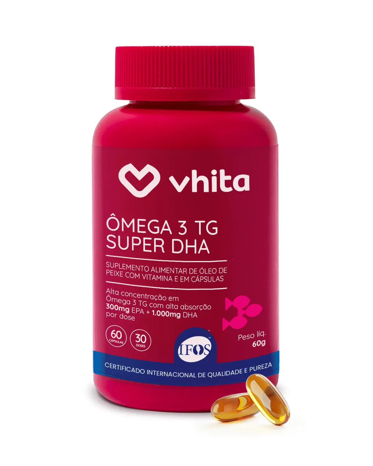 Ômega 3 DHA 1000mg TG com Selo Ifos Vitamina E 60 cápsulas Vhita | 60 Cápsulas, 30 Porções, Óleo de Peixe
