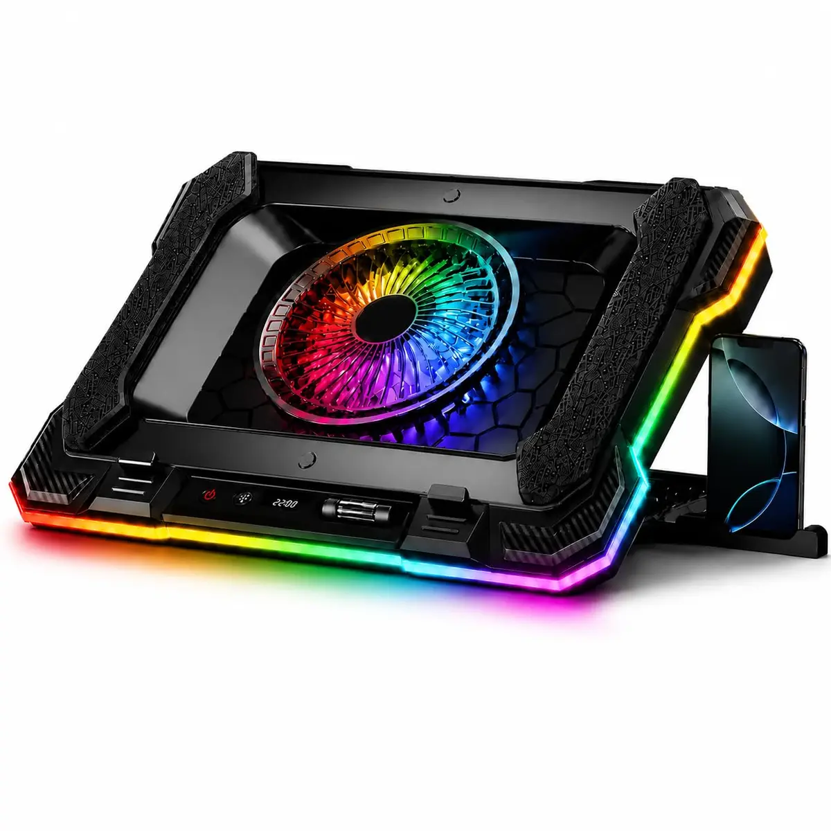 Suporte para Notebook com Cooler RGB 2200 RPM, Base Refrigerada para 14 a 19 Polegadas, 7 Níveis de Ajuste, Controle Touch, 2 Portas USB e Suporte para Celular