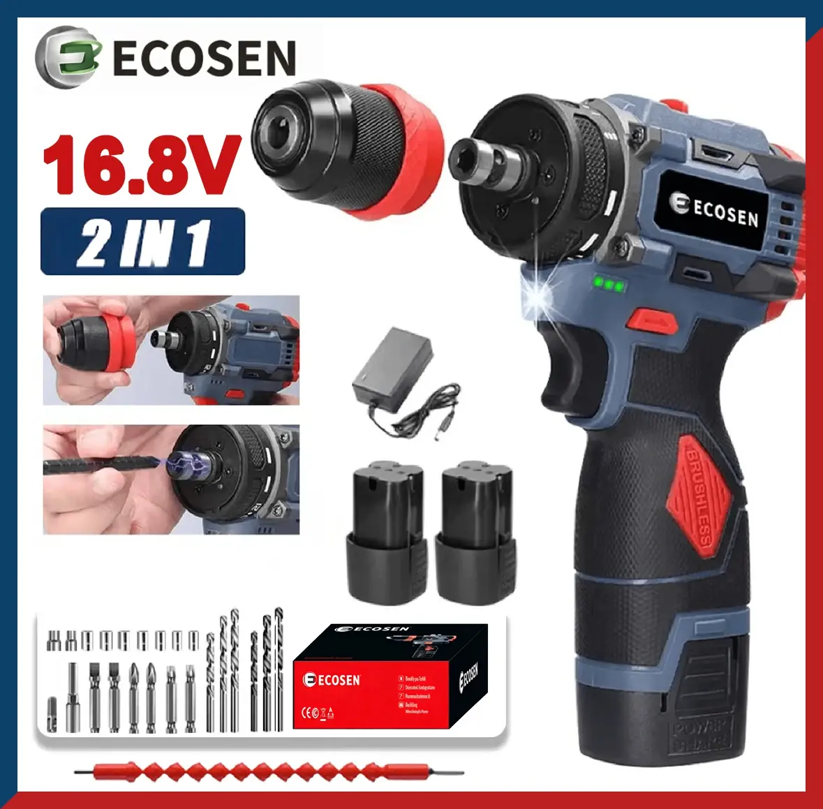 Furadeira Parafusadeira Sem Fio Brushless 16.8V/21V com 2 Baterias, Kit Completo com Acessórios e Carregador Bivolt - 1
