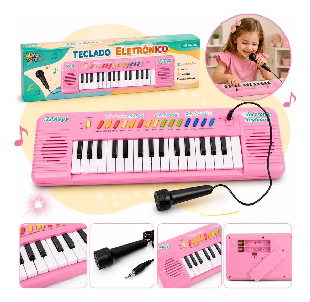 Teclado Musical Infantil Rosa de 32 Teclas com Microfone – Piano Didático Alvo Toys - 1