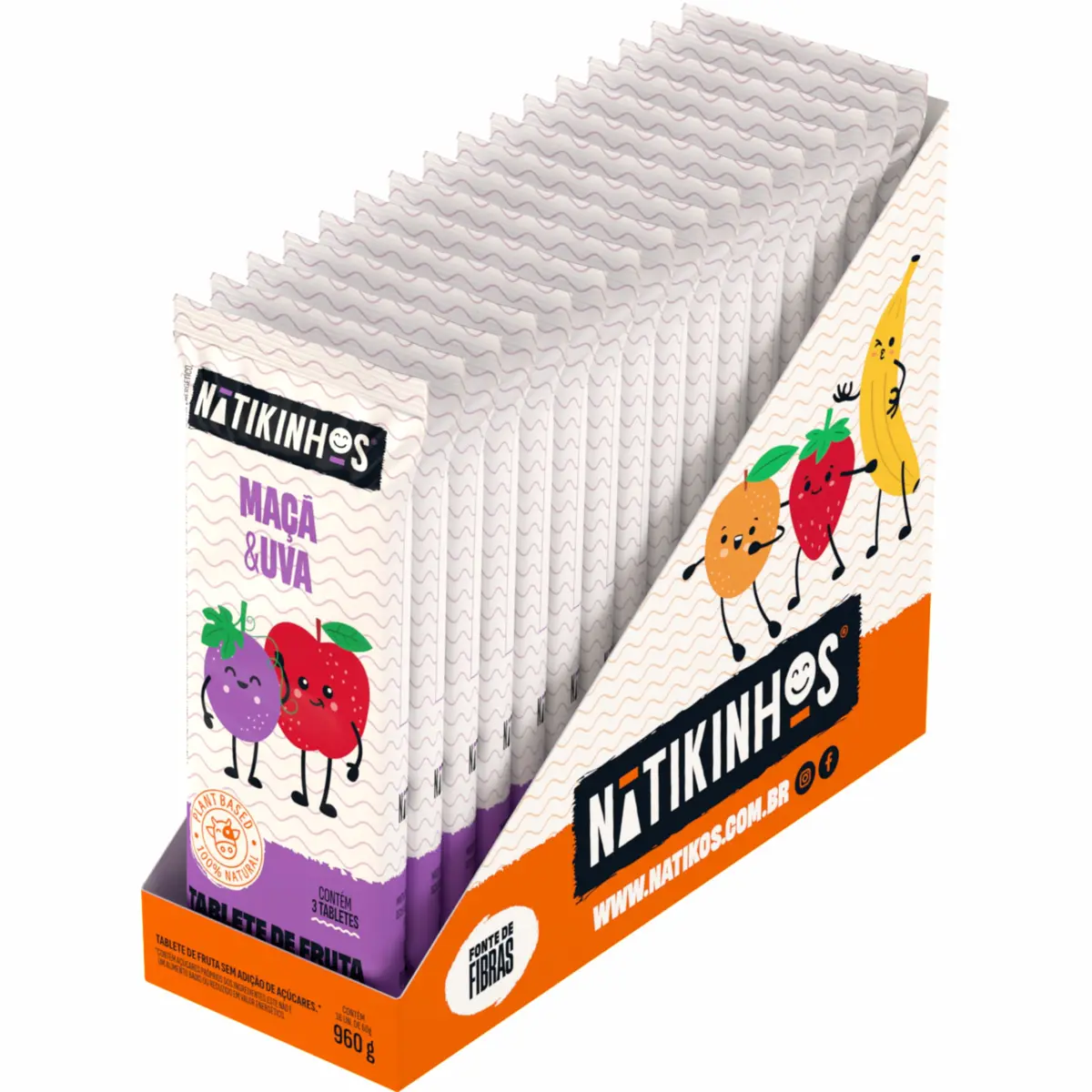 Tablete de Fruta sem Açúcar, Nátikos, Maçã e Uva, 72 x 20g | Vegano, em display com 72 unidades individuais para exposição no ponto de venda e reposição prática