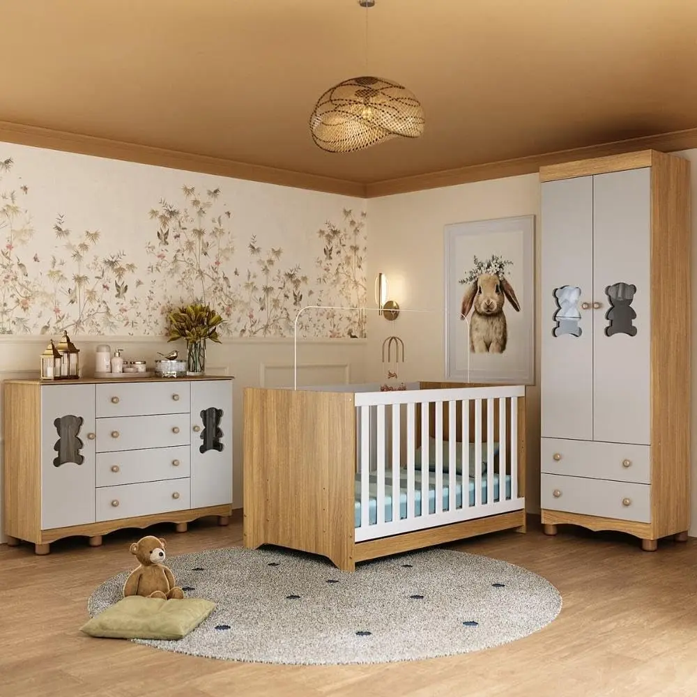 Kit Quarto de Bebê Completo com Berço Americano 3 em 1 Ternura Mp4659 – Madeirado/Off White, Multimóveis, 3 Anos de Garantia