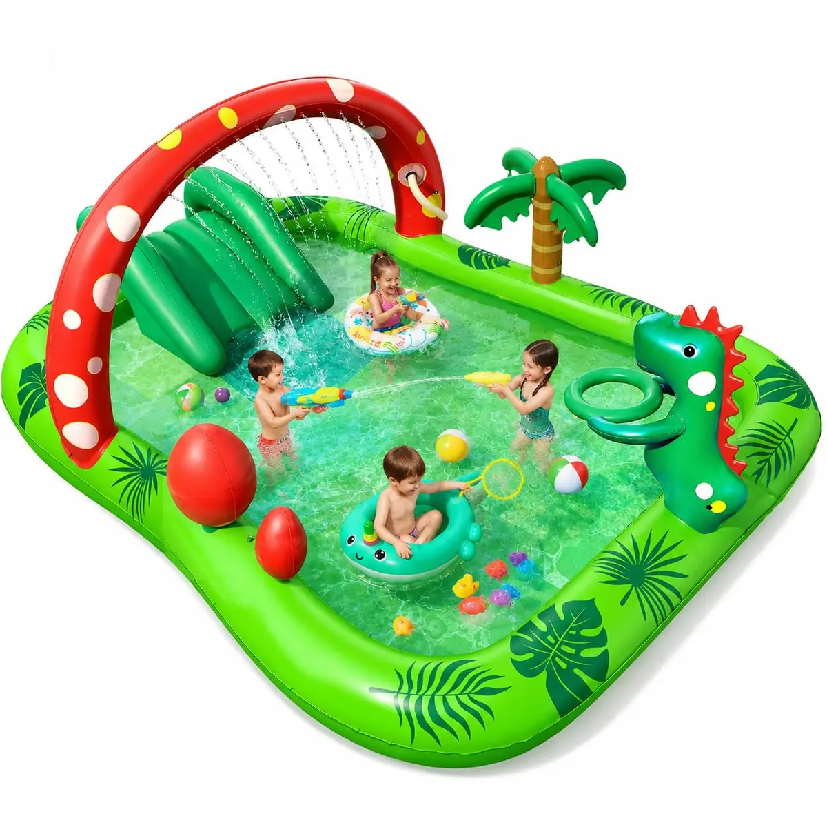 Piscina Inflável Infantil de Dinossauro com Tobogã Reforçado, Arco Aspersor e Jogo de Arremesso - Piscina Infantil Bebe e Piscina Bebe, Ideal para Presentes e Festas de Verão (A partir de 3 anos)