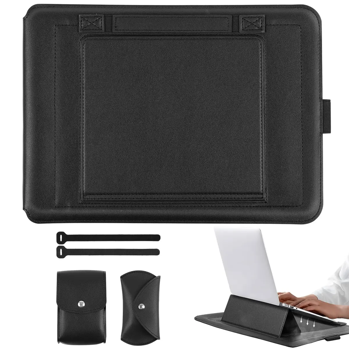 13/14'' Capa de Couro PU com Suporte para Portátil e Notebook, Capa para Laptop com Bolsa Organizadora, Case para Notebook Macbook Air/Pro, Bolsa de Transporte para Tablet