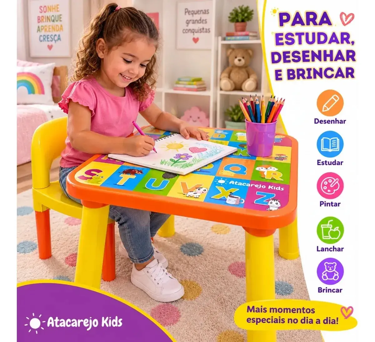 Mesinha Infantil Educativa Com Cadeira Alfabeto Completo Colorido thumbnail 3