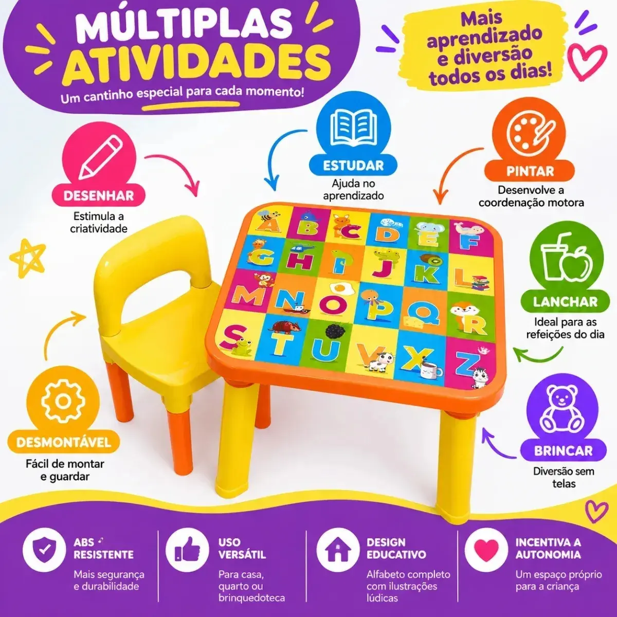 Mesinha Infantil Educativa Com Cadeira Alfabeto Completo Colorido thumbnail 7