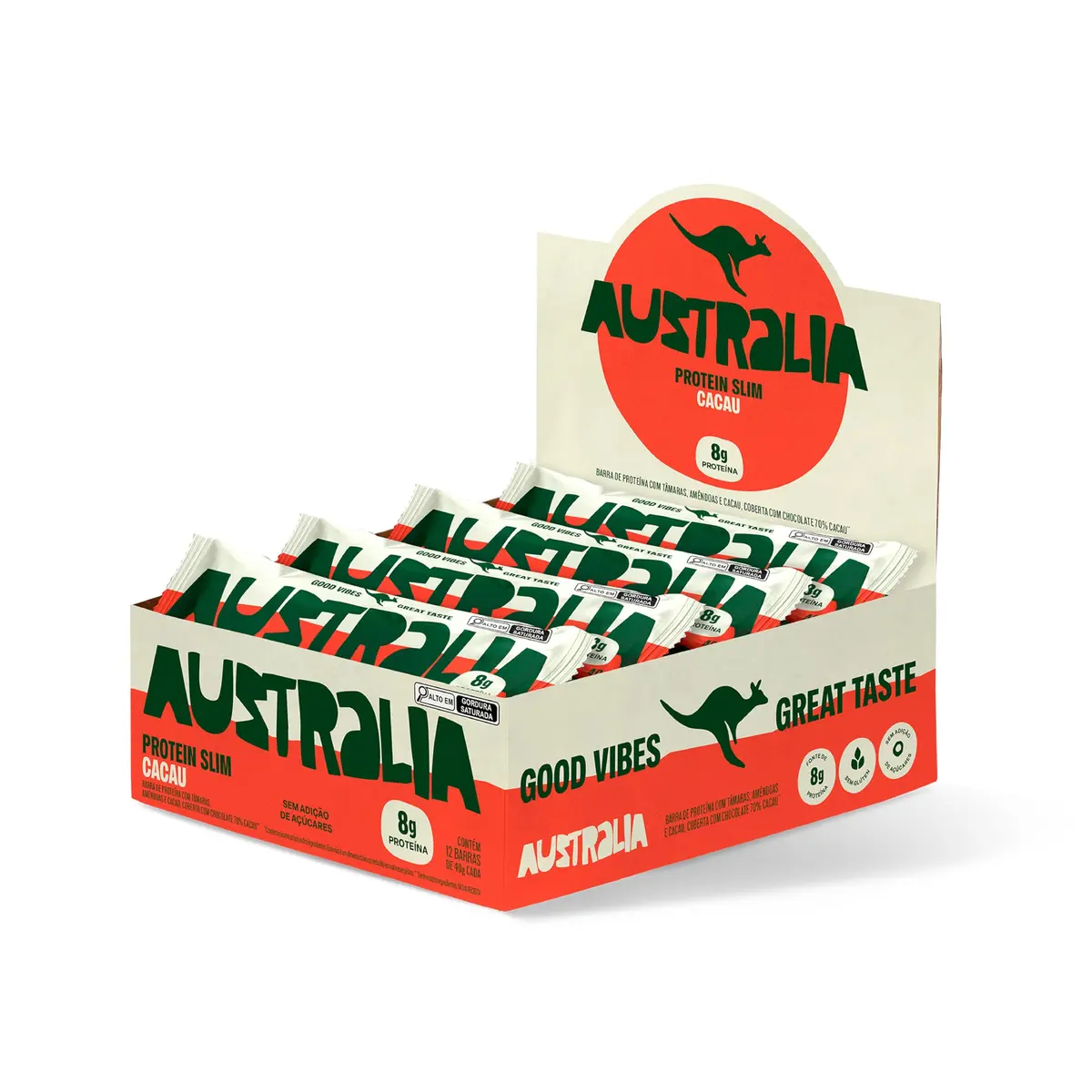 Australia Protein Slim Cacau, Barra de Proteína com 8g de Proteína, Sem Adição de Açúcares, Sem Glúten, Display com 12 unidades
