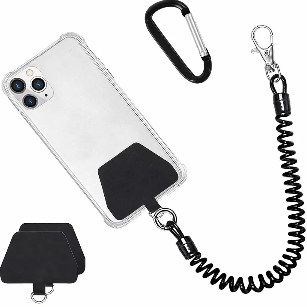 Cordão de Segurança para Celular com Fita Elástica Antiqueda, Patch Universal para Capa, Gancho Mosquetão e Fixação para Mochila, Bolsa, Cinto e Pulso