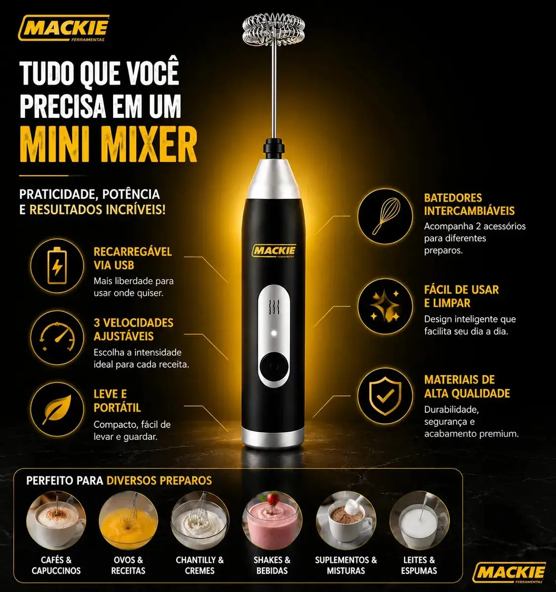 Mini Mixer Elétrico Portátil Misturador De Bebidas Café Leite Cappuccino Whey Protein Shake Ovos Espumador Batedor Fouet Inox Compacto Cozinha Drinks Mackie Ferramentas